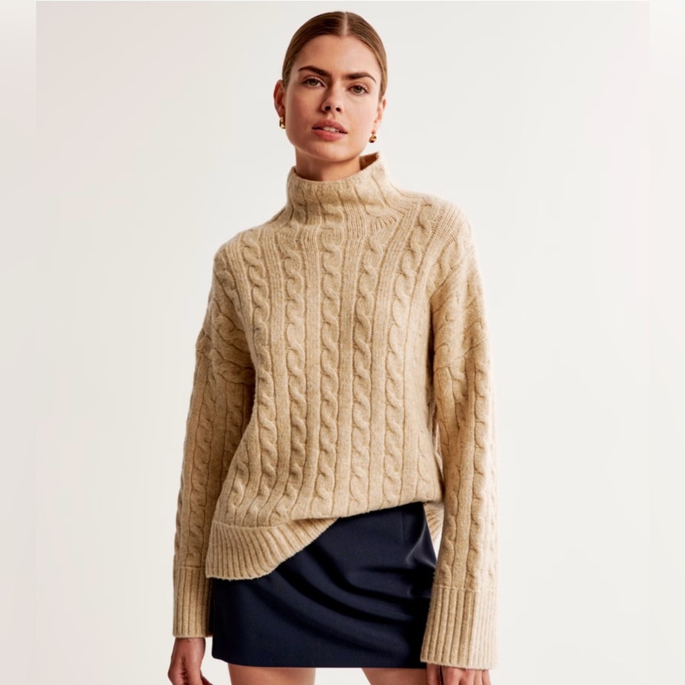 Cable Easy Funnel Neck Sweater in Brown [Abercrombie & Fitch]